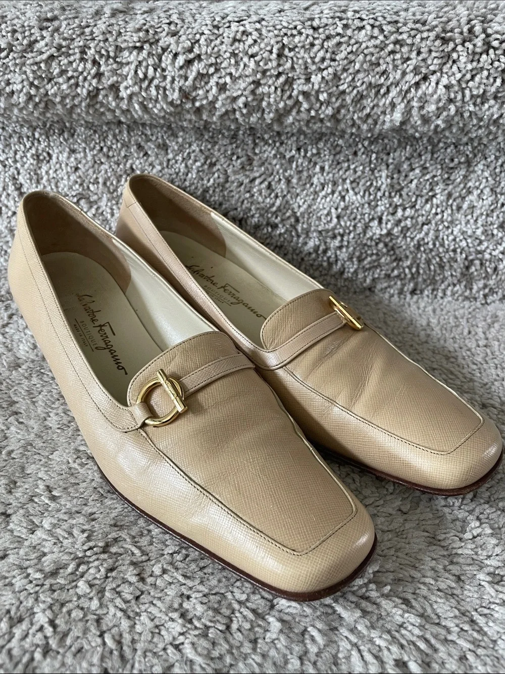 Salvatore Ferragamo Beige Leather Loafers with Gold Hardware